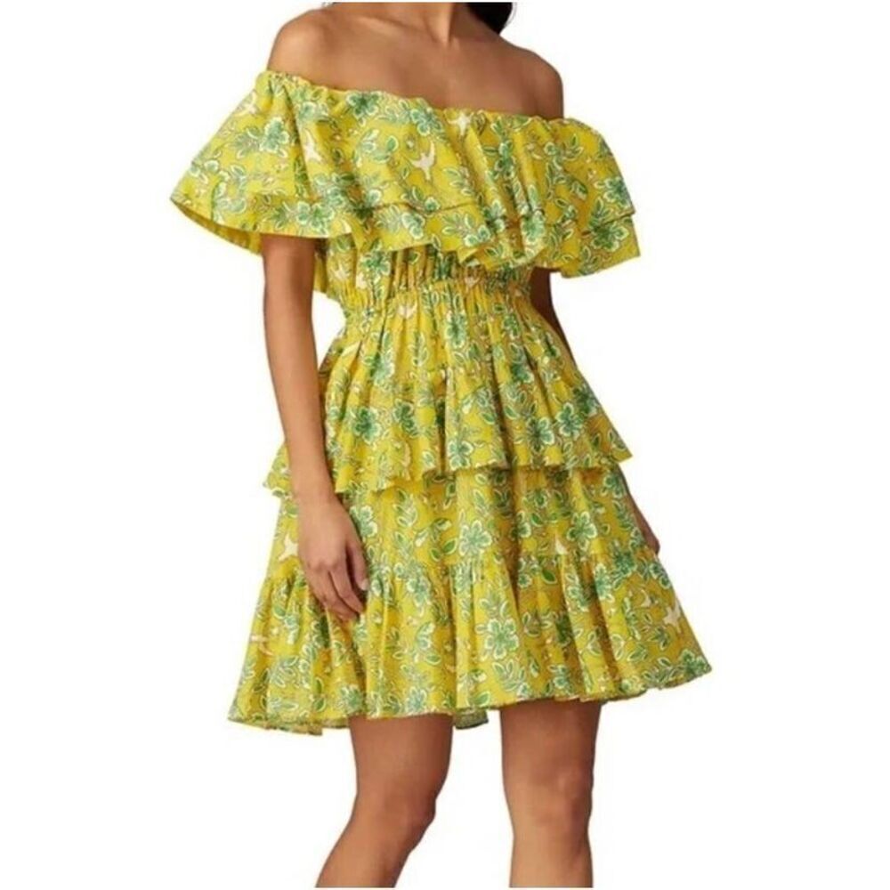 Rhode Dotty Off-The-Shoulder Yellow Eden Floral-Print Cotton Mini Dress Small